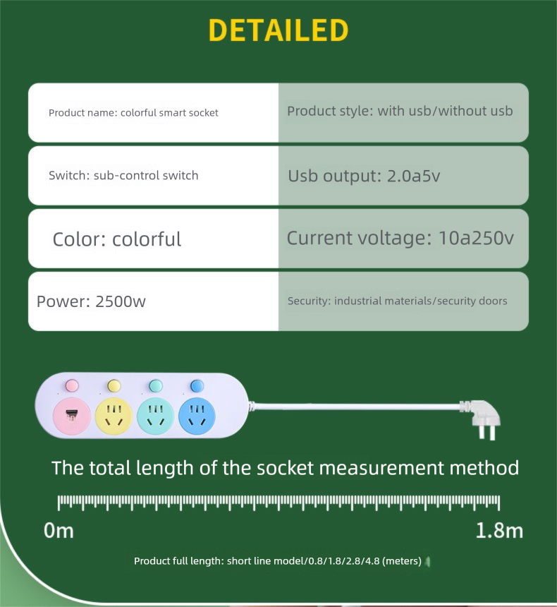 Multi-Schalter-Steckdose mit langem USB-Kabel, reines Kupfer, Steckdosenleiste, Schlafsaal, Büro, Zuhause, hohes Erscheinungsbild, Mehrfachloch_voghion.com
