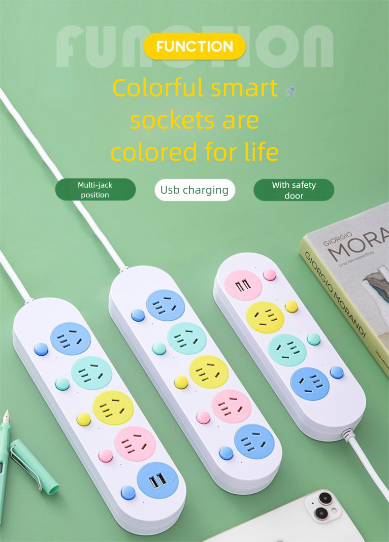 Multi-Schalter-Steckdose mit langem USB-Kabel, reines Kupfer, Steckdosenleiste, Schlafsaal, Büro, Zuhause, hohes Erscheinungsbild, Mehrfachloch_voghion.com