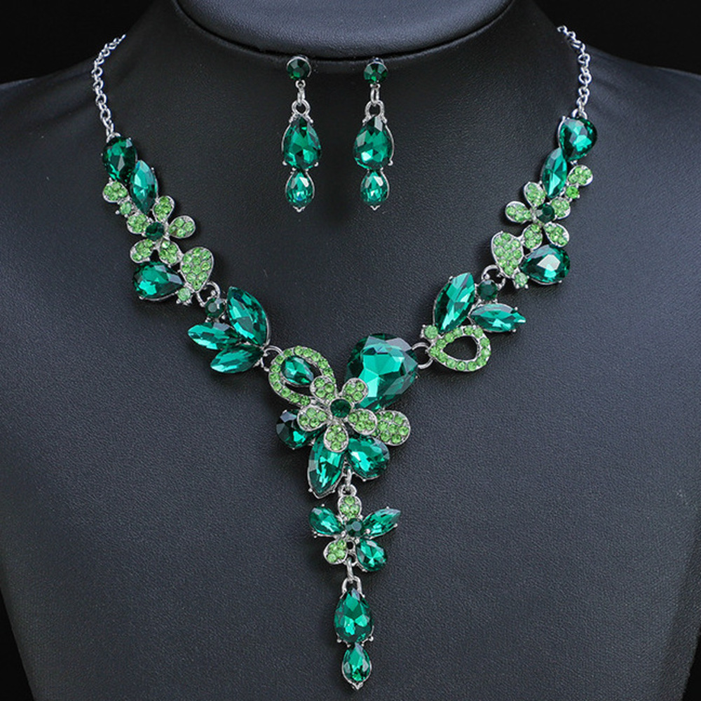 Collana e orecchini da donna, set da due pezzi, fiore, cristallo, doppio strato floreale_voghion.com