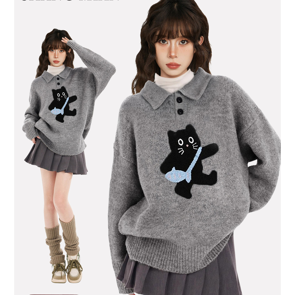 Grauer Polokragen-Katzenpullover für Damen, dicker, lockerer Wollstrick für den Winter, geeignet für Frühling und Herbst_voghion.com