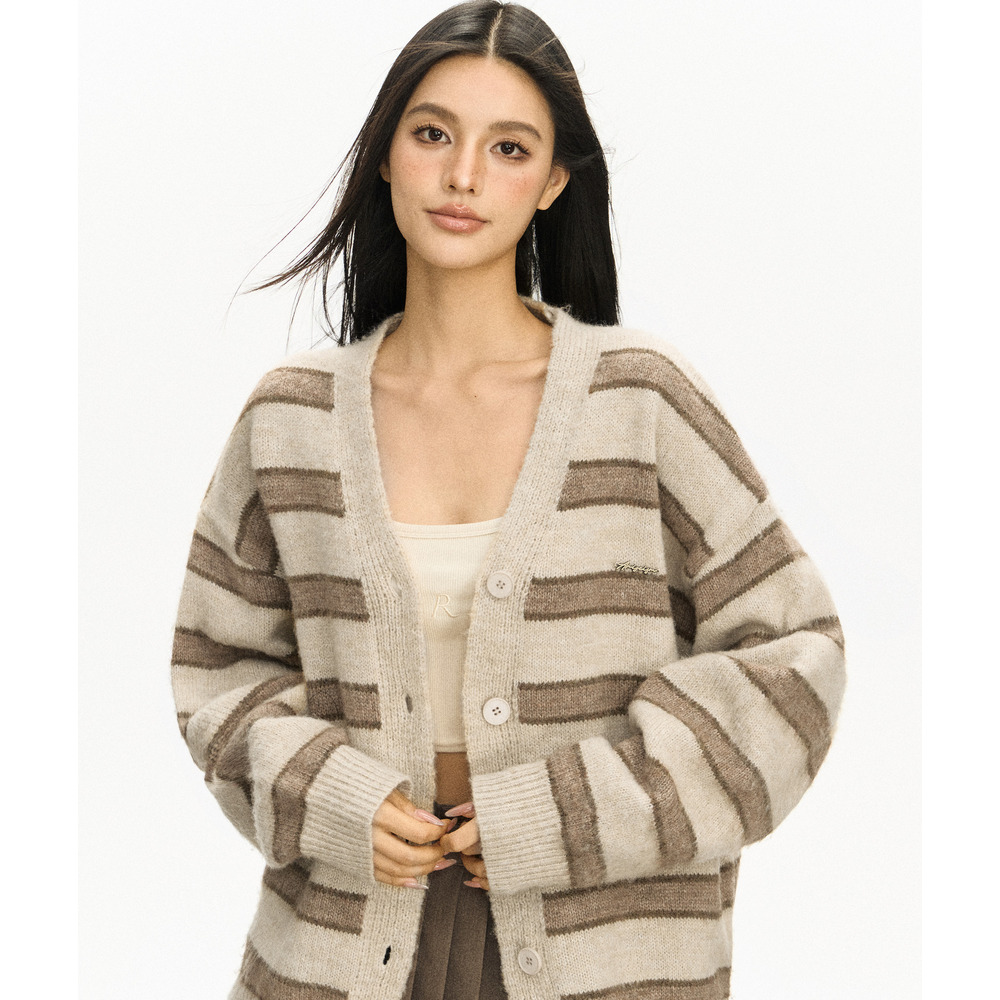 Ariseism Striped Sweater Women Autumn Season 2025 New Lazy Style Top High-end Knitted Cardigan Jacket_voghion.com