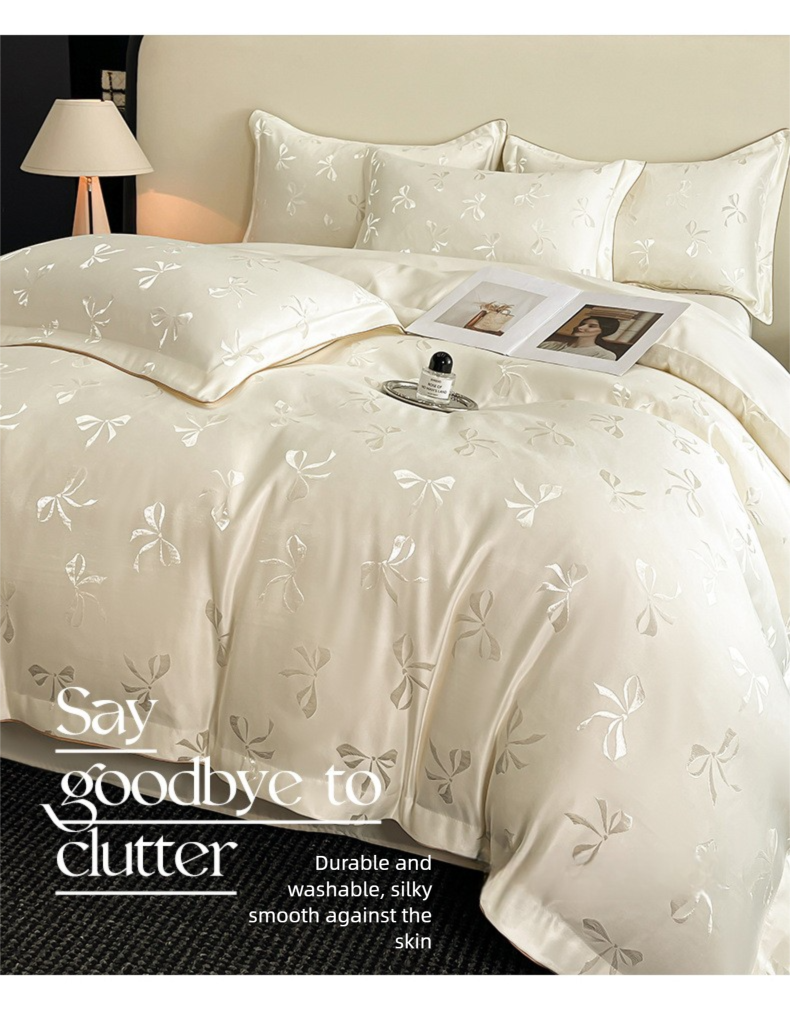Summer New Jacquard Washed Tencel Four-Piece With Bowknot Ice Silk Naked Sleep Silky Smooth Duvet Cover High-End Bedding_maomaolike.com