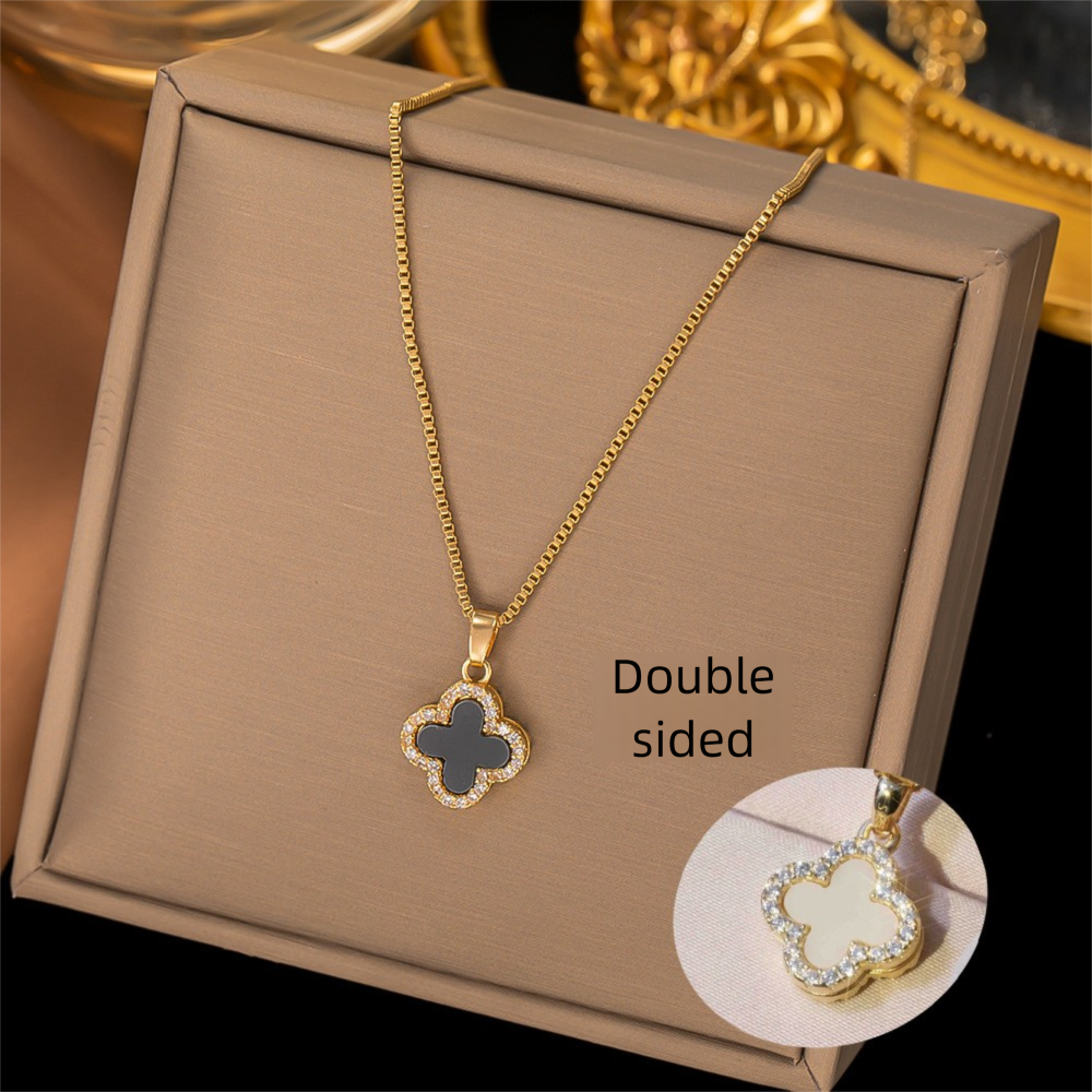 Double Layered Four-leaf Clover Necklace Gold Plated Titanium_voghion.com