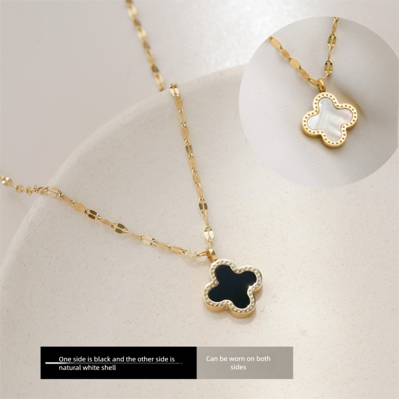 Double Layered Four-leaf Clover Necklace Gold Plated Titanium_voghion.com