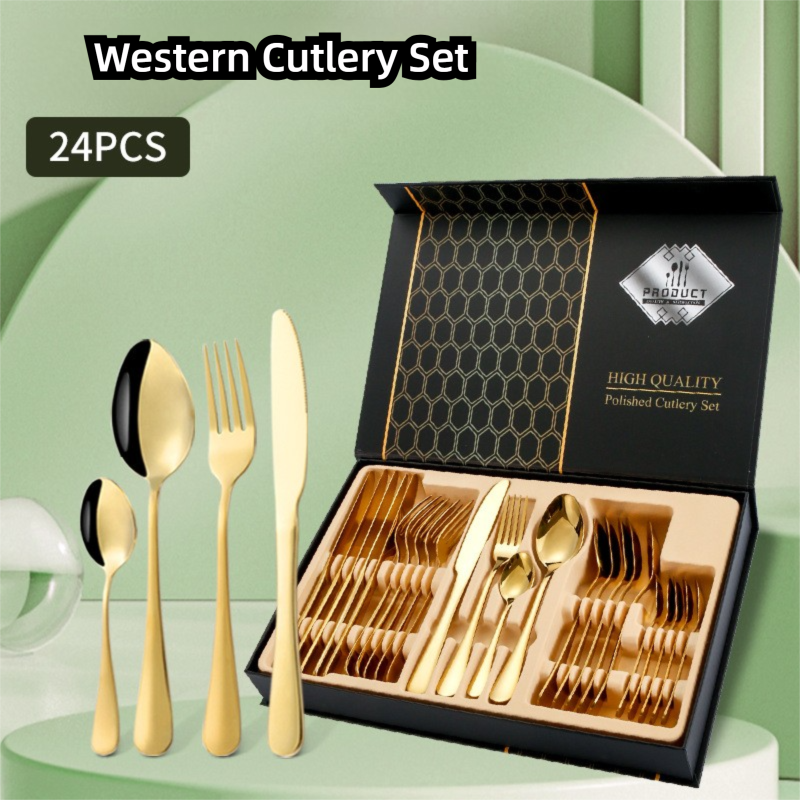 Western-Besteckset aus Edelstahl 1010, vierteilig: Messer, Gabel und Löffel; 24-teiliges Besteckset in Geschenkbox_voghion.com