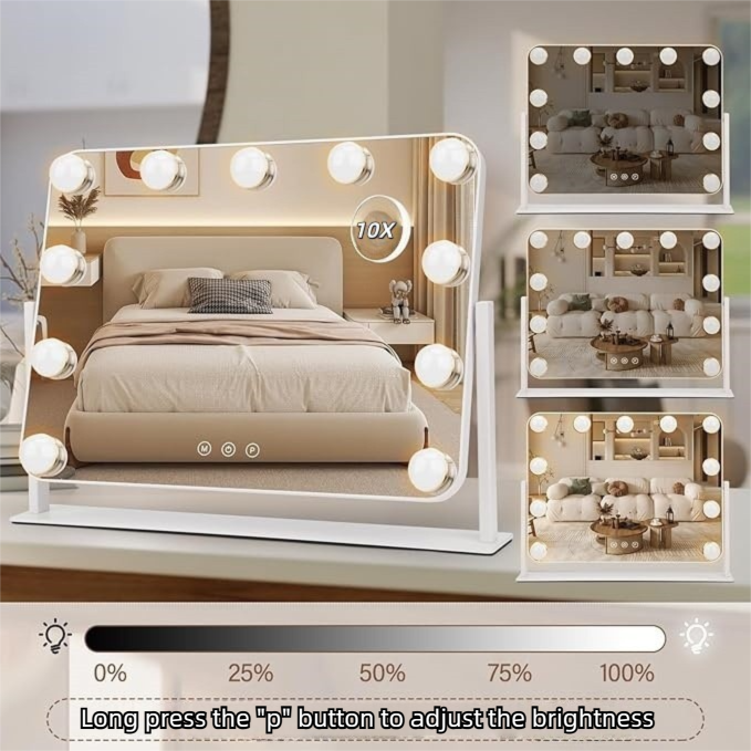 Hollywood Makeup Mirror With 11 LED Bulbs, 3 Color Modes, Touch Control, 10X Magnification, Dimmable Cosmetic Mirror With Stand For Bedroom
_maomaolike.com