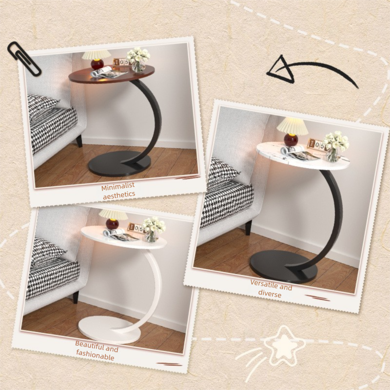 Table d'appoint ronde en bois, table basse compacte avec structure en métal courbé, idéale pour le salon, la chambre ou comme table de chevet._voghion.com