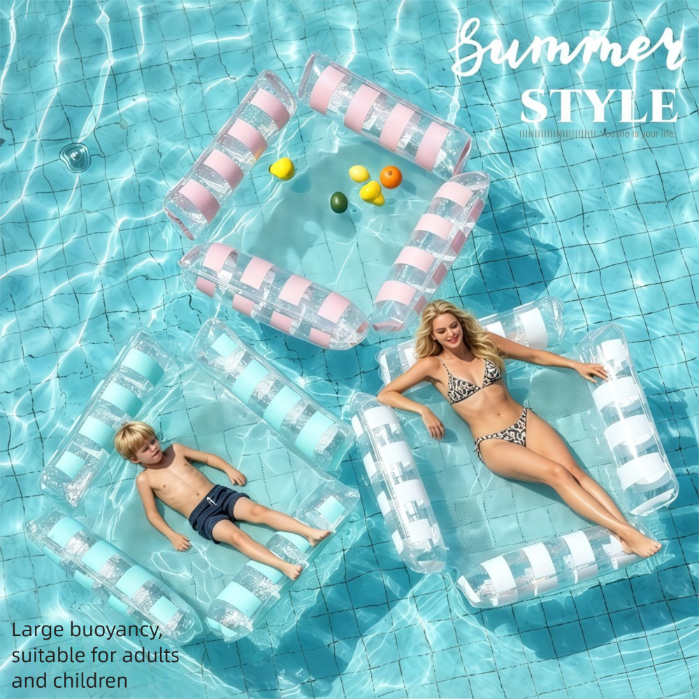 Foldable Inflatable Pool Lounger With Striped Backrest, Water Hammock, Swimming Ring, And Floating Bed_voghion.com