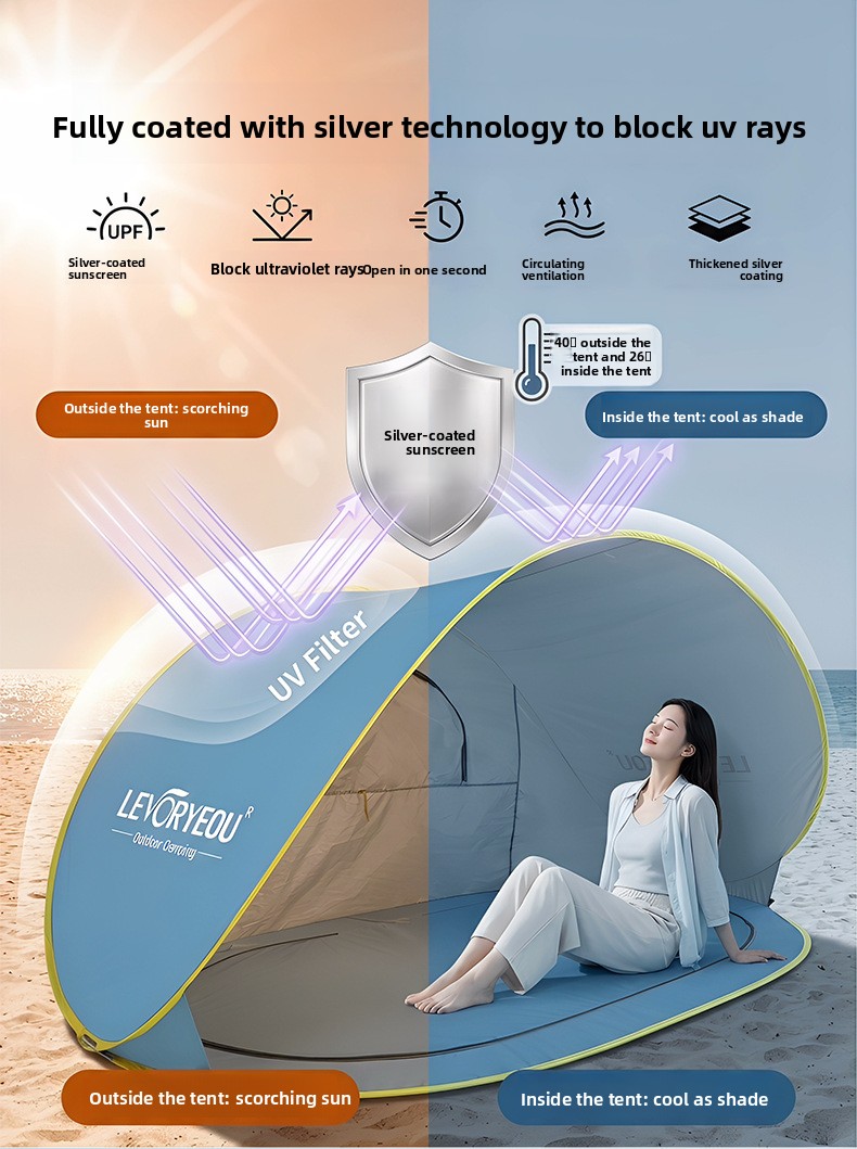 Quick-deploying Sunshade Beach Tent With Silver Coated Fabric_voghion.com