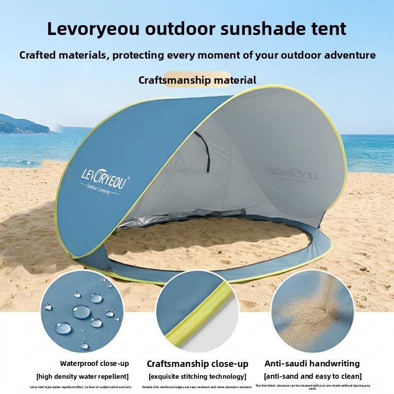 Quick-Deploying Sunshade Beach Tent With Silver-Coated Fabric, Seaside Camping Canopy, Foldable Portable Kids’ Shelter, Bottomless Design_voghion.com