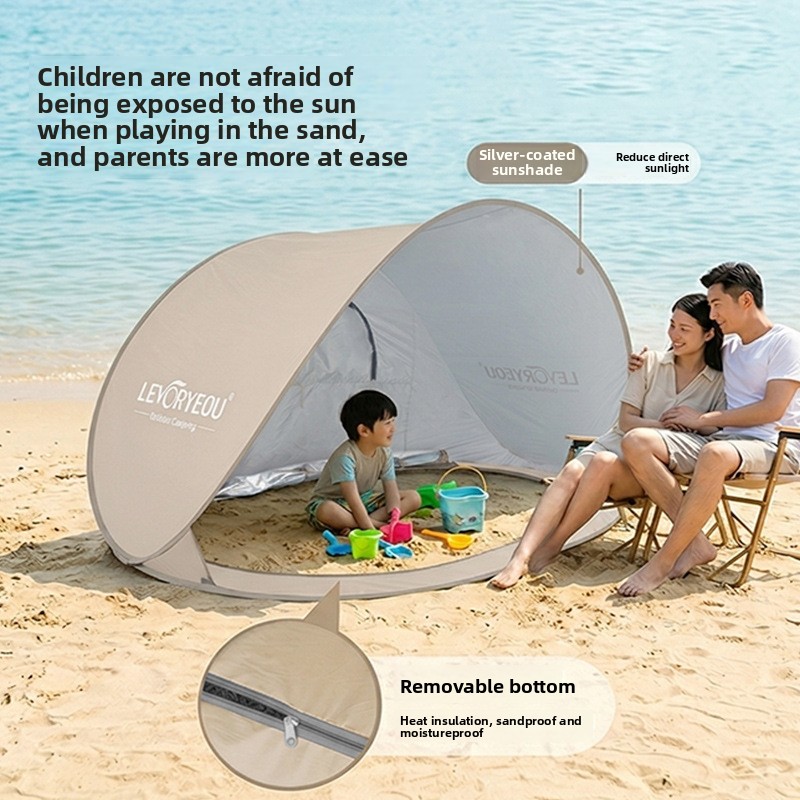 Quick-Deploying Sunshade Beach Tent With Silver-Coated Fabric, Seaside Camping Canopy, Foldable Portable Kids’ Shelter, Bottomless Design_voghion.com