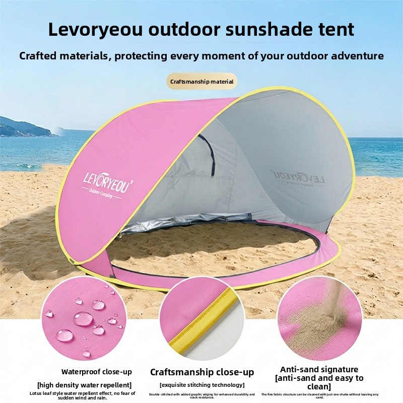 Quick-Deploying Sunshade Beach Tent With Silver-Coated Fabric, Seaside Camping Canopy, Foldable Portable Kids’ Shelter, Bottomless Design_voghion.com