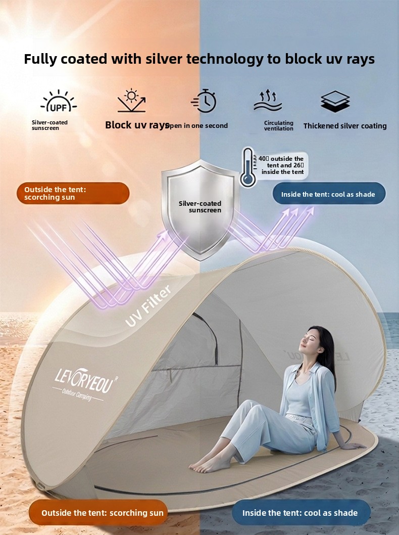 Quick-deploying Sunshade Beach Tent With Silver Coated Fabric_voghion.com
