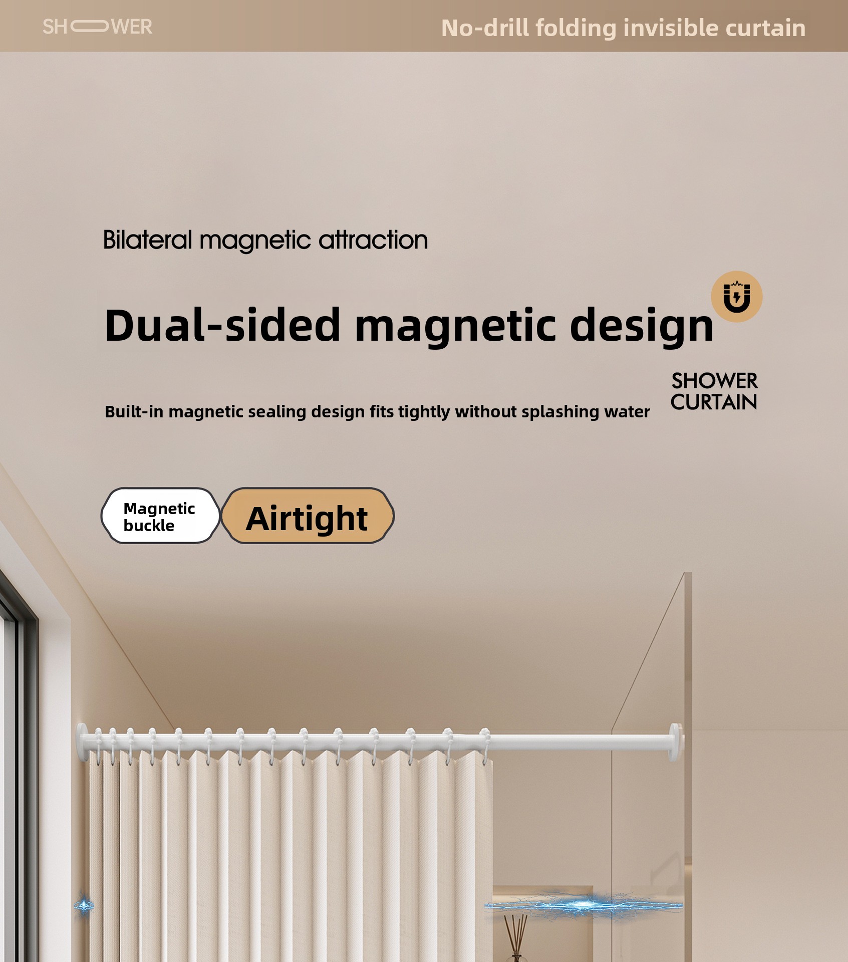 Bathroom Shower Curtain Foldable Waterproof Fabric Magnetic_voghion.com