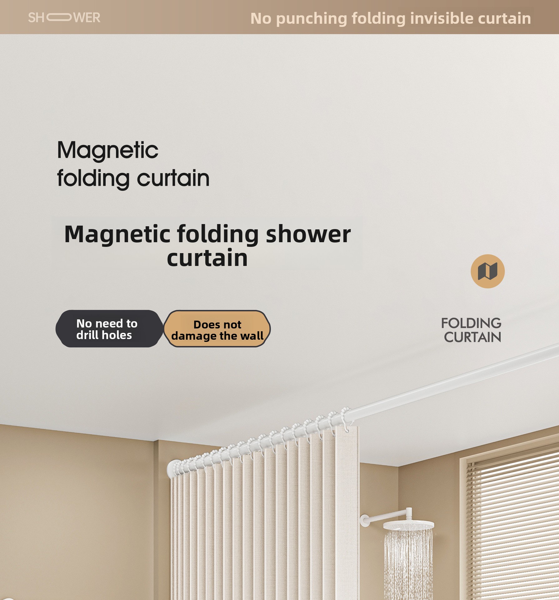 Bathroom Shower Curtain Foldable Waterproof Fabric Magnetic_voghion.com