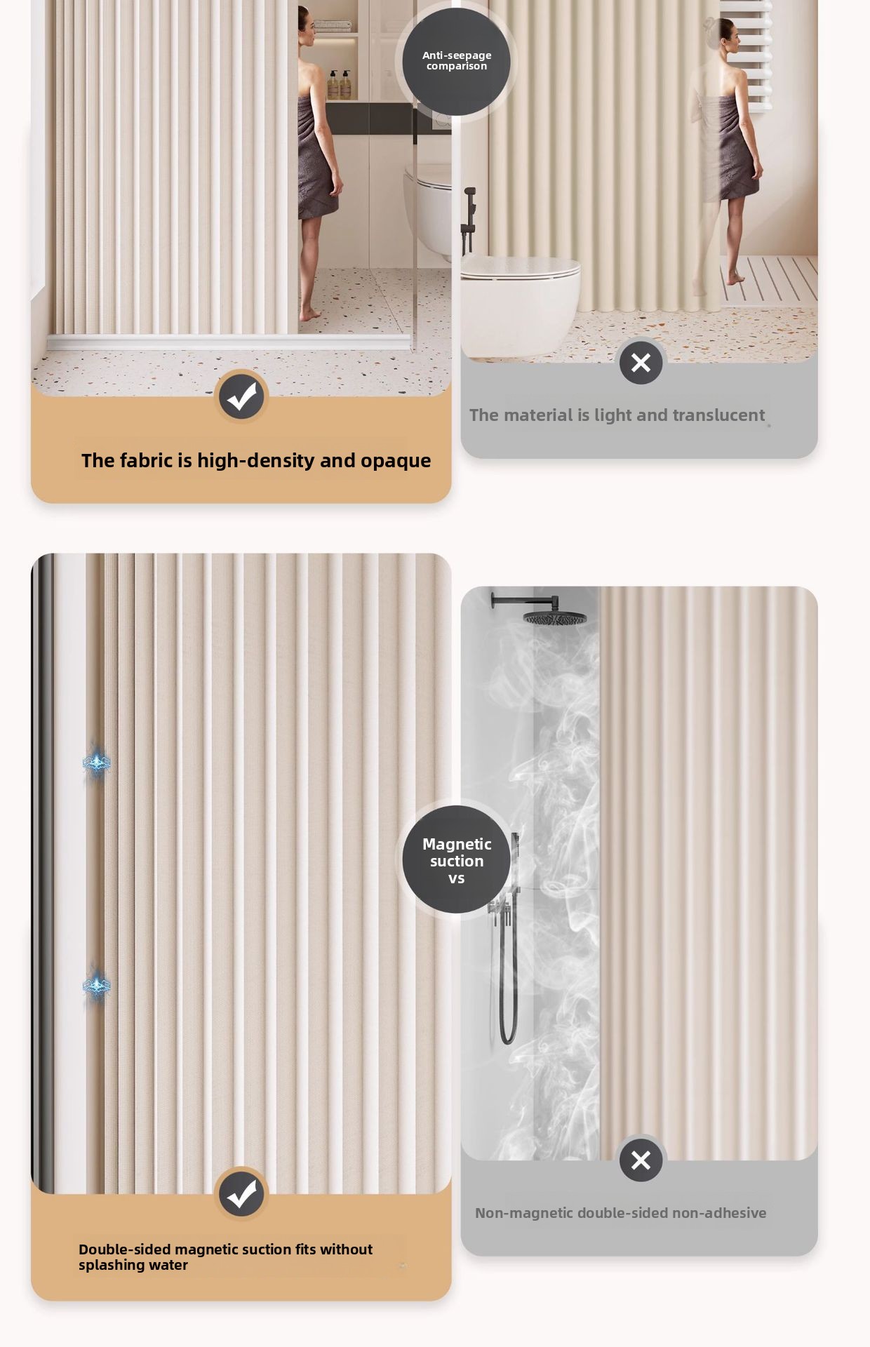 Bathroom Shower Curtain Foldable Waterproof Fabric Magnetic_voghion.com
