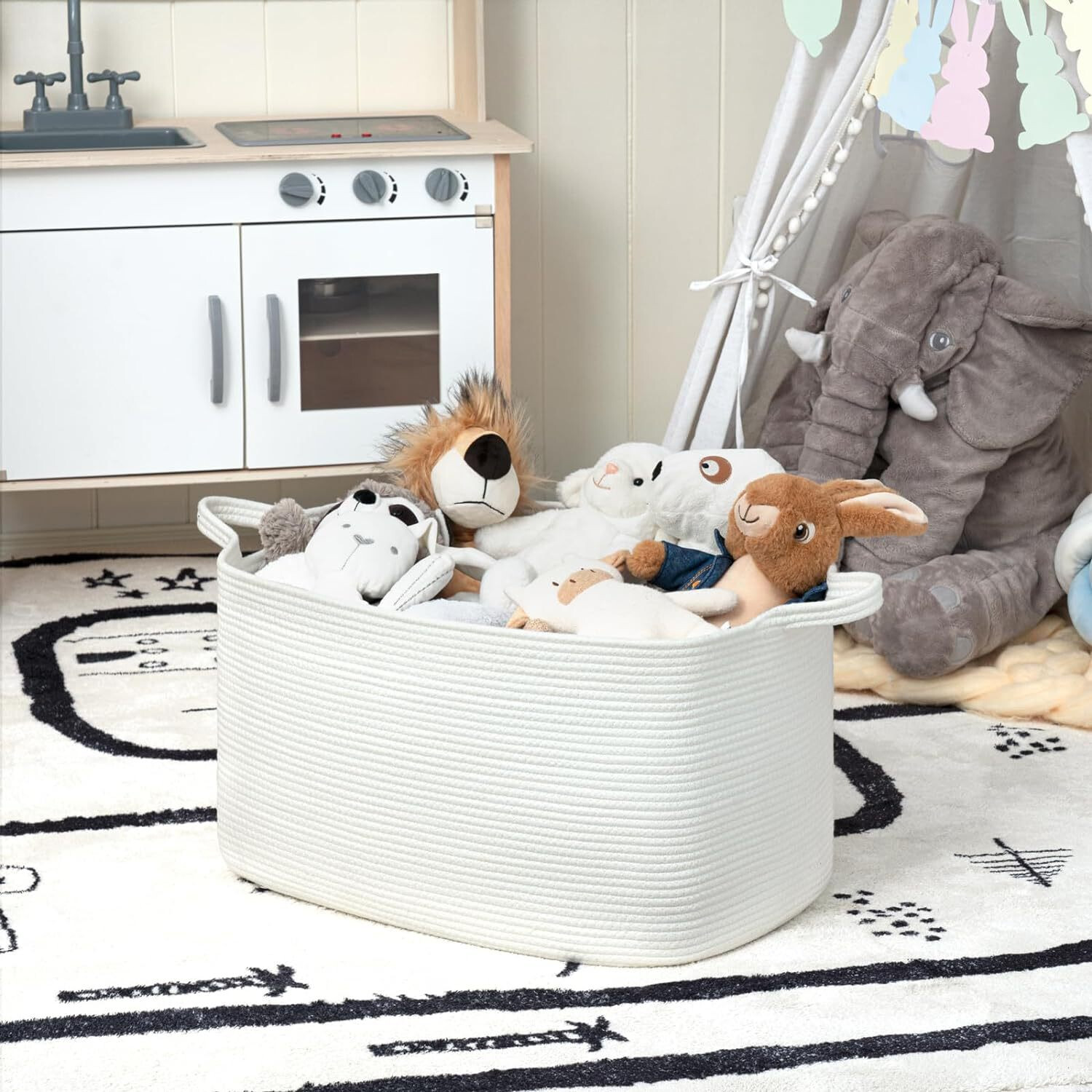Cotton Rope Woven Rectangular Storage Basket Large Laundry Hamper_voghion.com