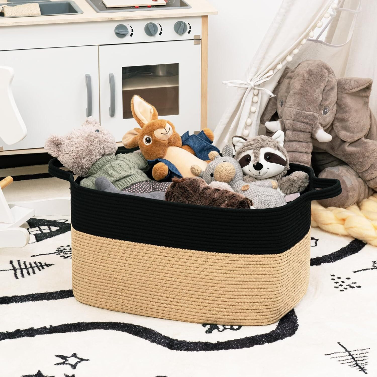 Cotton Rope Woven Rectangular Storage Basket Large Laundry Hamper_voghion.com