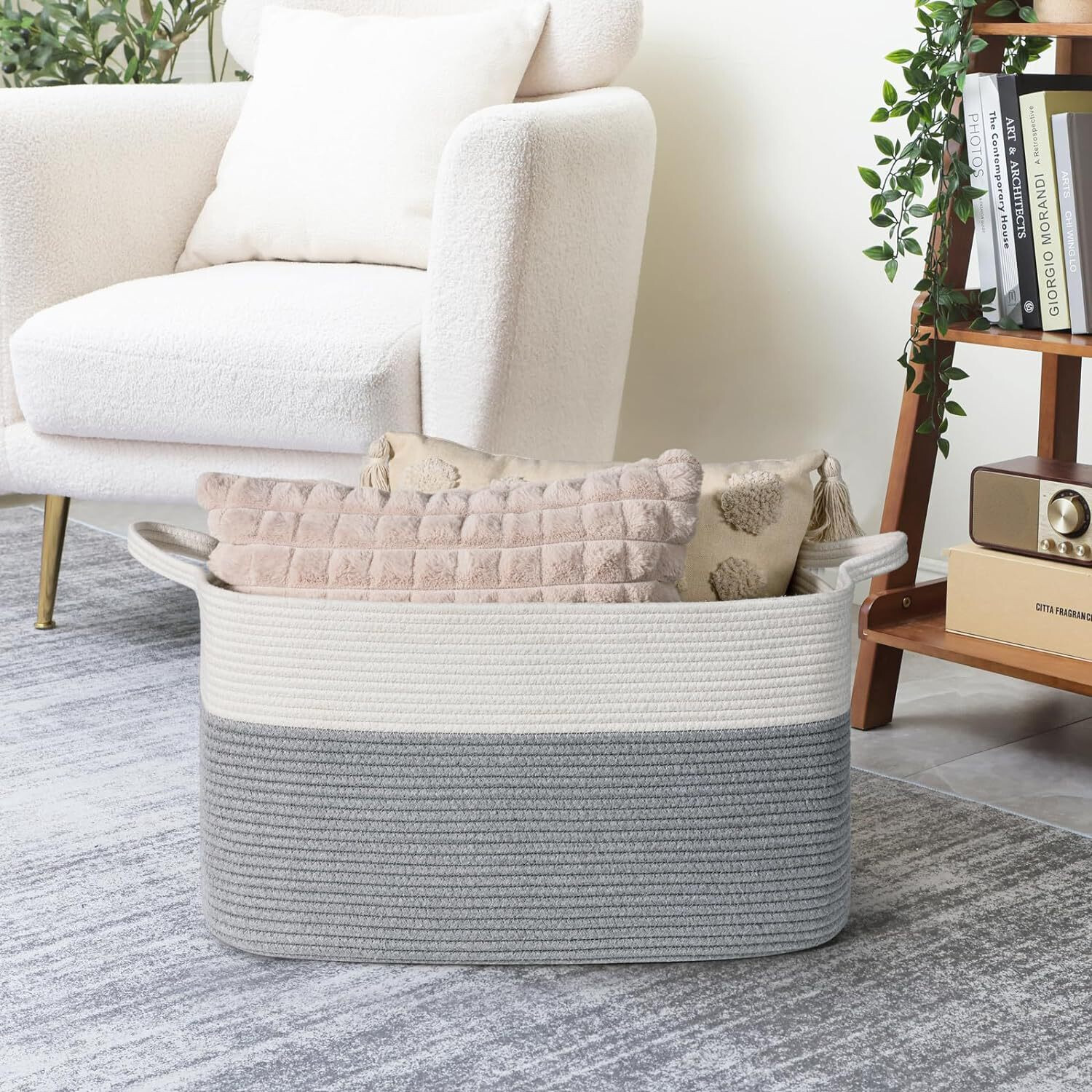 Cotton Rope Woven Rectangular Storage Basket Large Laundry Hamper_voghion.com