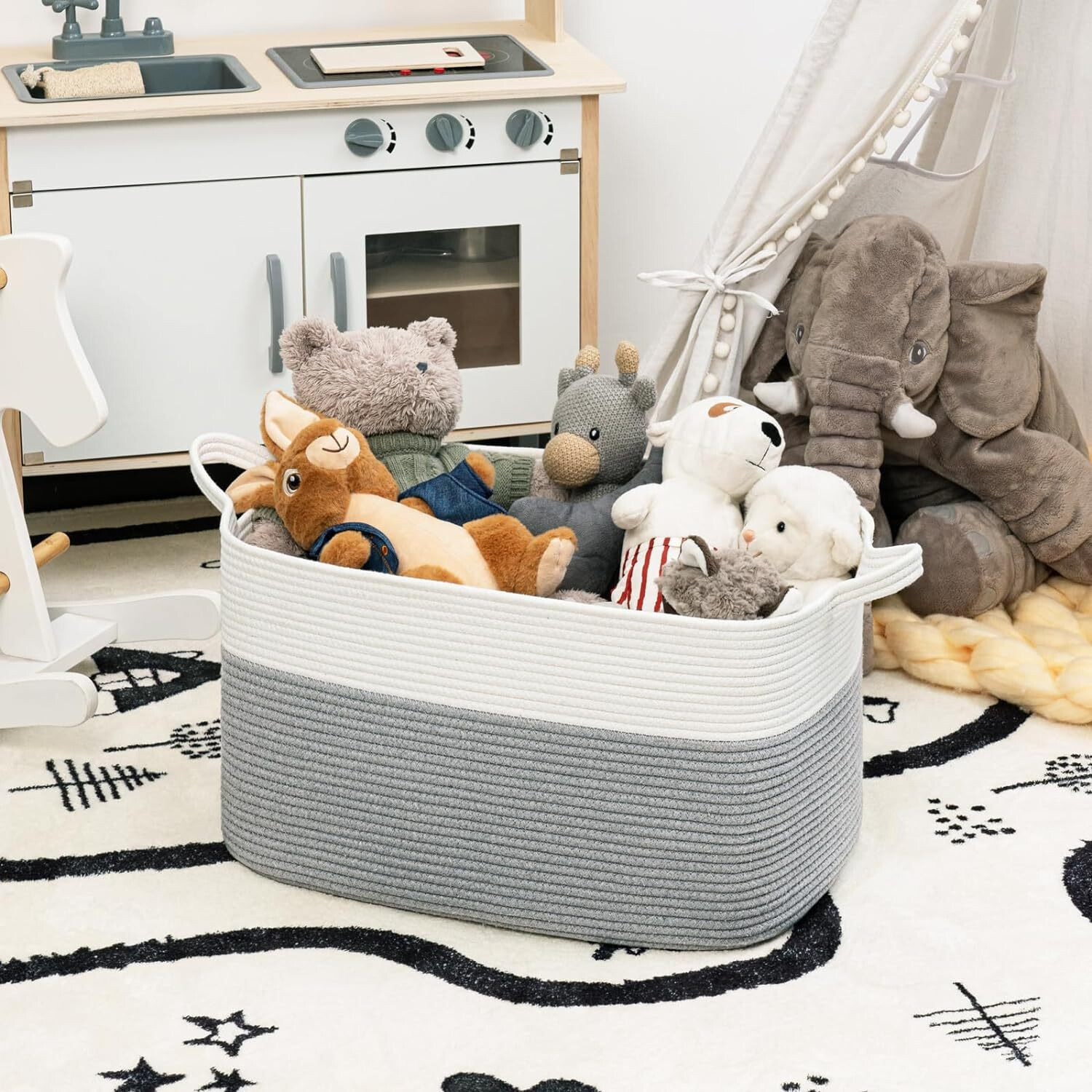 Cotton Rope Woven Rectangular Storage Basket Large Laundry Hamper_voghion.com