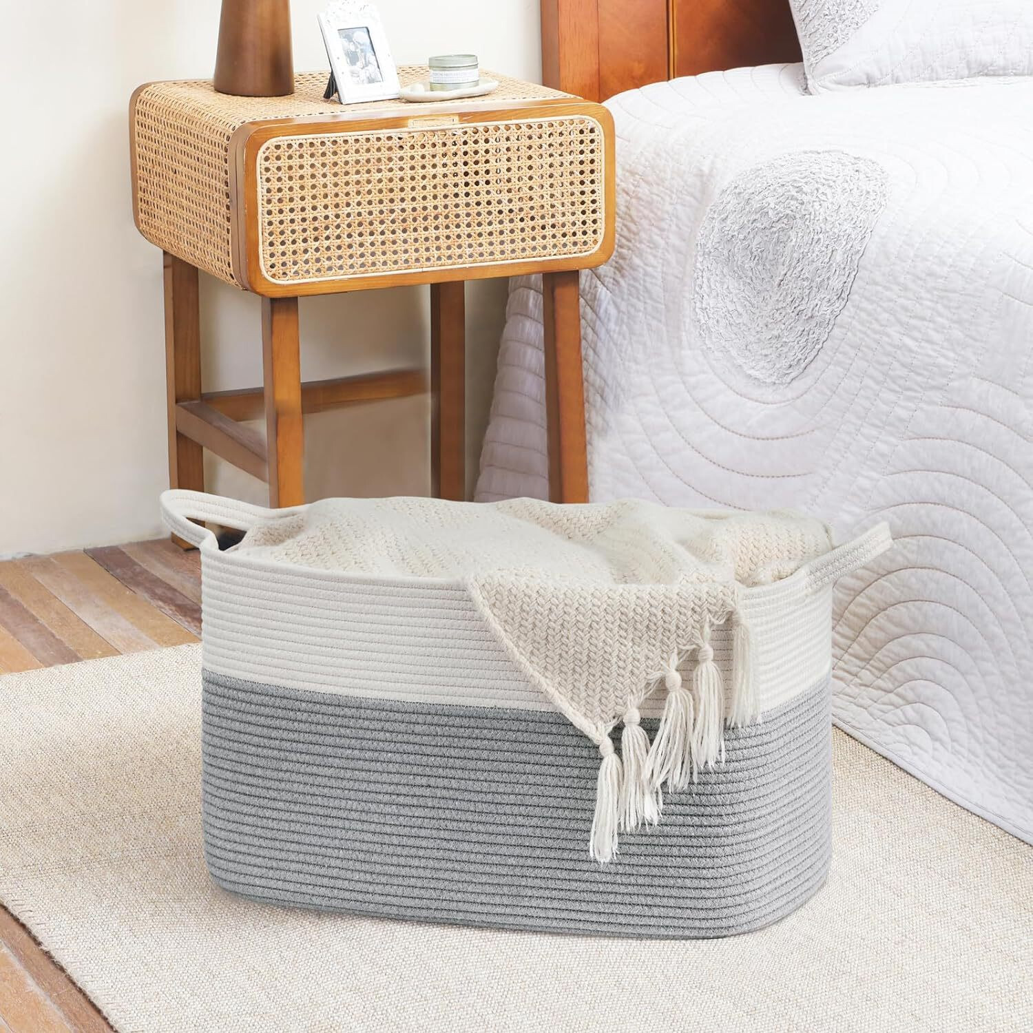 Cotton Rope Woven Rectangular Storage Basket Large Laundry Hamper_voghion.com