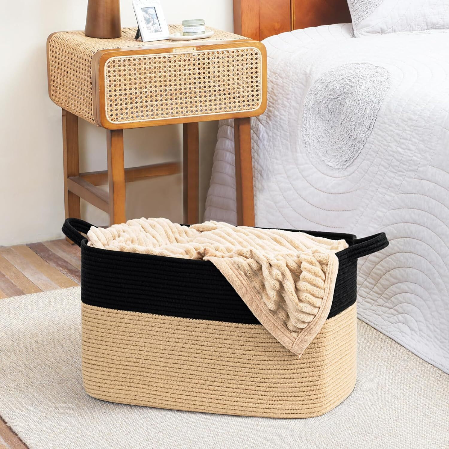 Cotton Rope Woven Rectangular Storage Basket Large Laundry Hamper_voghion.com