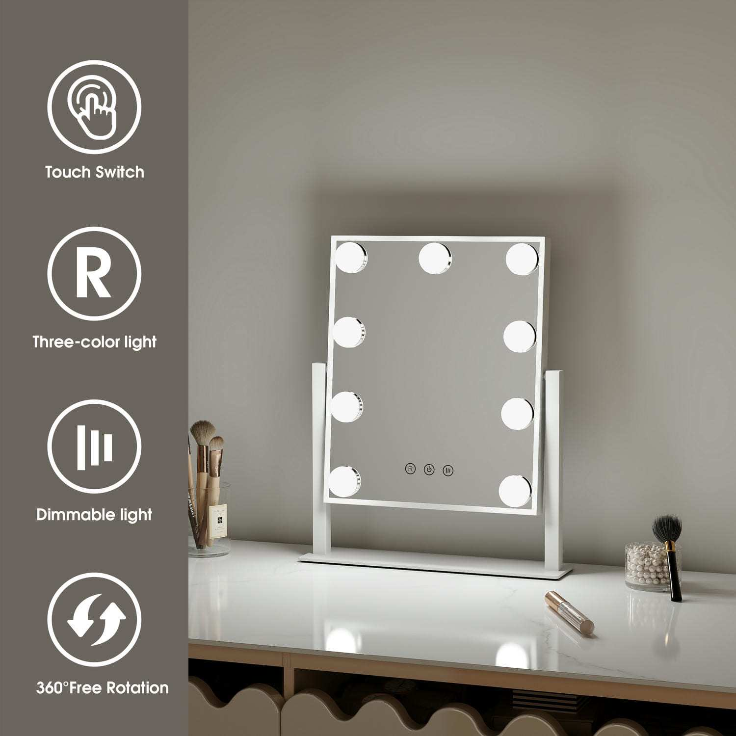  Hollywood Vanity Mirror With 9 LED Bulbs, 3 Light Modes, Touch Control, 360° Rotatable Lighted Makeup Mirror For Bedroom Dressing Table _maomaolike.com