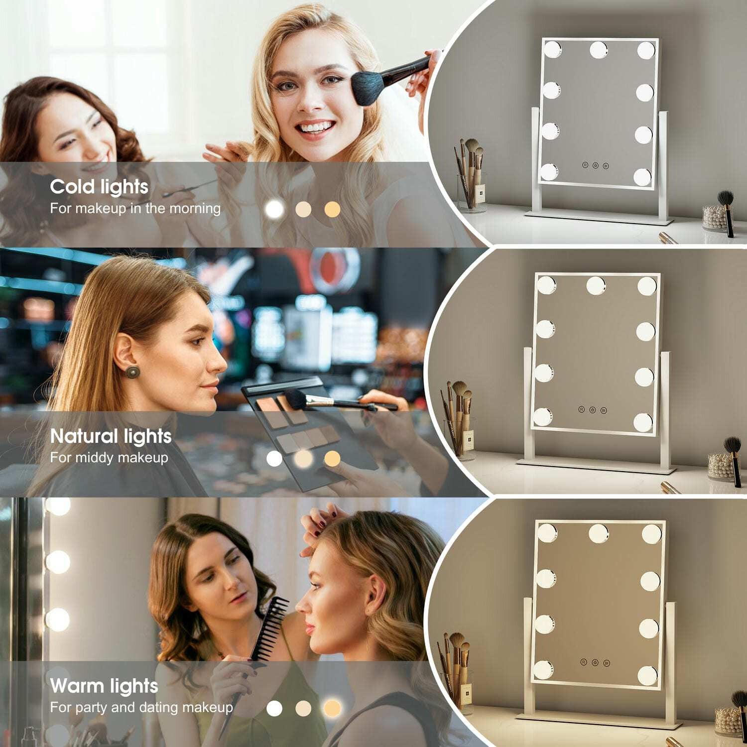  Hollywood Vanity Mirror With 9 LED Bulbs, 3 Light Modes, Touch Control, 360° Rotatable Lighted Makeup Mirror For Bedroom Dressing Table _maomaolike.com