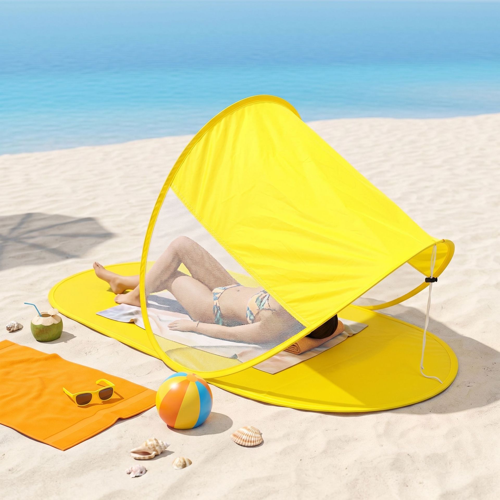 Pop Up Beach Tent With Mat, Portable Instant Sun Shelter, UPF50+ UV Protection Foldable Beach Canopy For Outdoor Beach Fishing Picnic_voghion.com