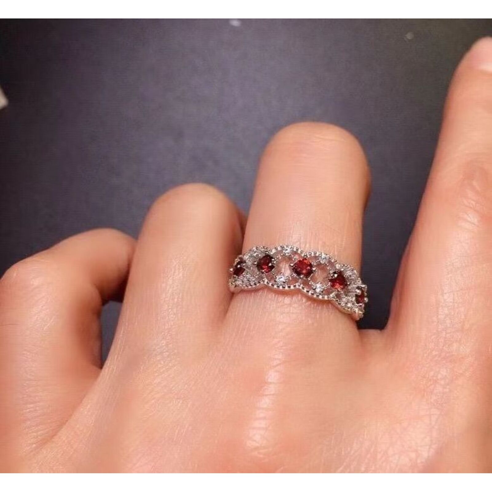 Burgundy Mozambique Diamond Open Ring In Sterling Silver For Women_voghion.com