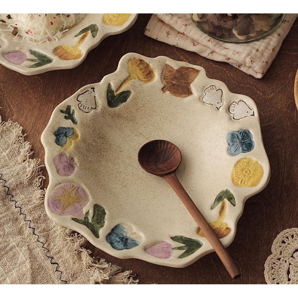 Handmade Floral And Bird Pattern Coarse Pottery Underglaze Retro High-Value Dessert Fruit Yogurt Bowl Birthday Gift_voghion.com