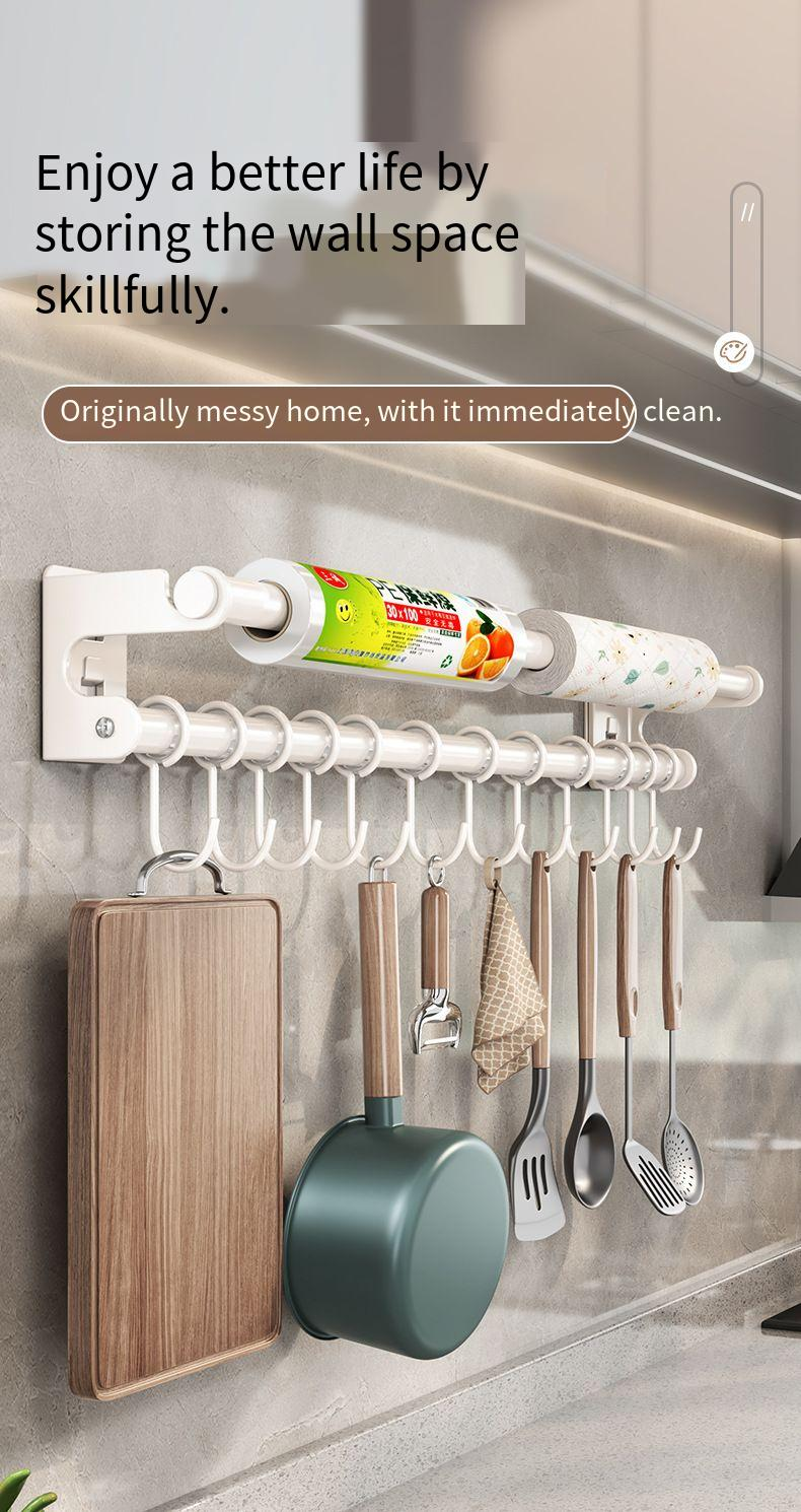 Weißer Haken ohne Bohren, Wandmontage, Hängestange, Aufbewahrung für Küchenutensilien, Löffel, Spatel, Organizer-Rack_voghion.com