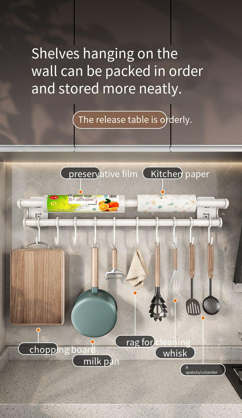 Weißer Haken ohne Bohren, Wandmontage, Hängestange, Aufbewahrung für Küchenutensilien, Löffel, Spatel, Organizer-Rack_voghion.com