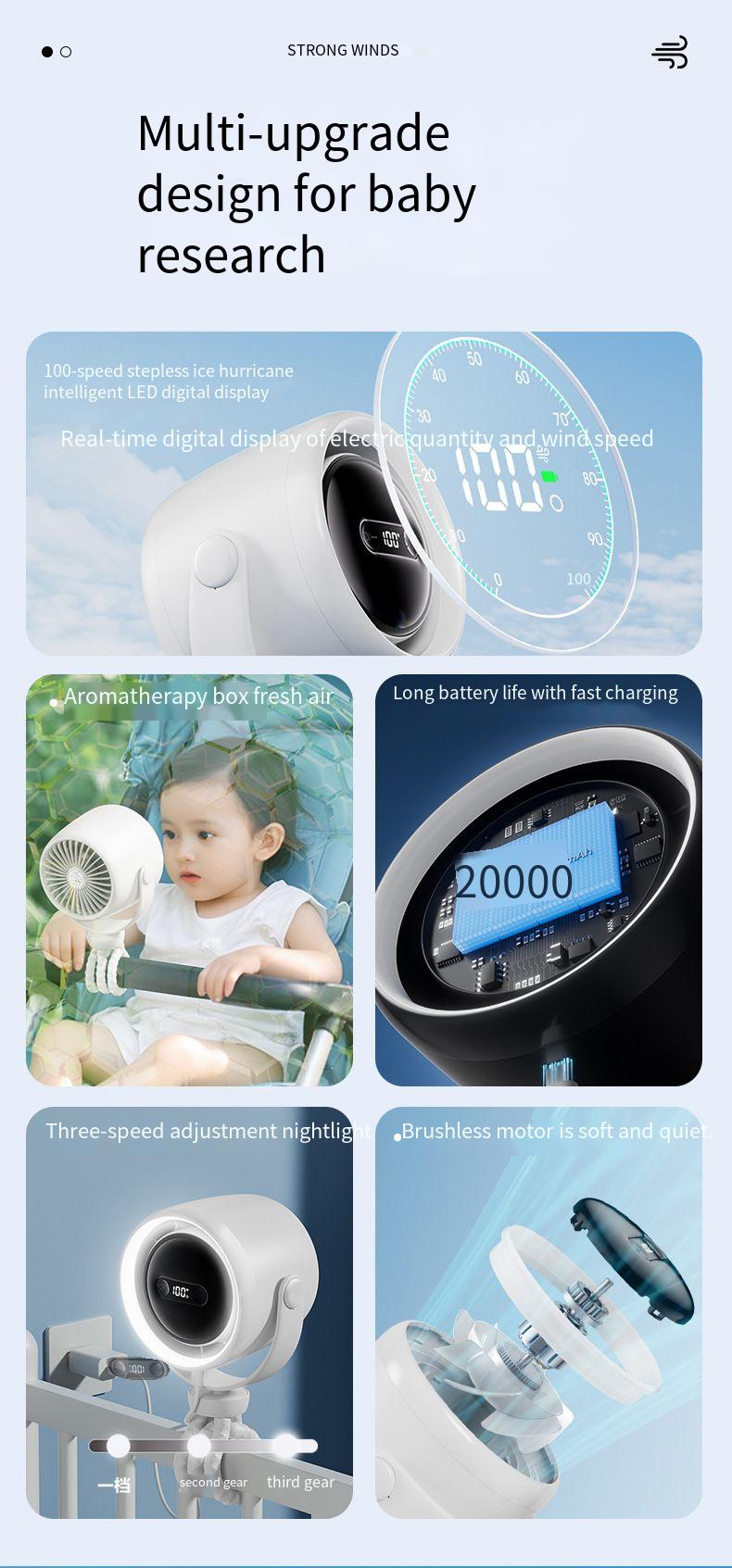 Kleiner Lenkerventilator mit USB-Ladefunktion, geräuschlos, Mini, geeignet für Kinderwagen_voghion.com