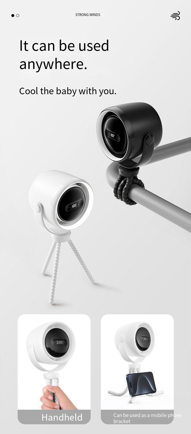 Kleiner Lenkerventilator mit USB-Ladefunktion, geräuschlos, Mini, geeignet für Kinderwagen_voghion.com
