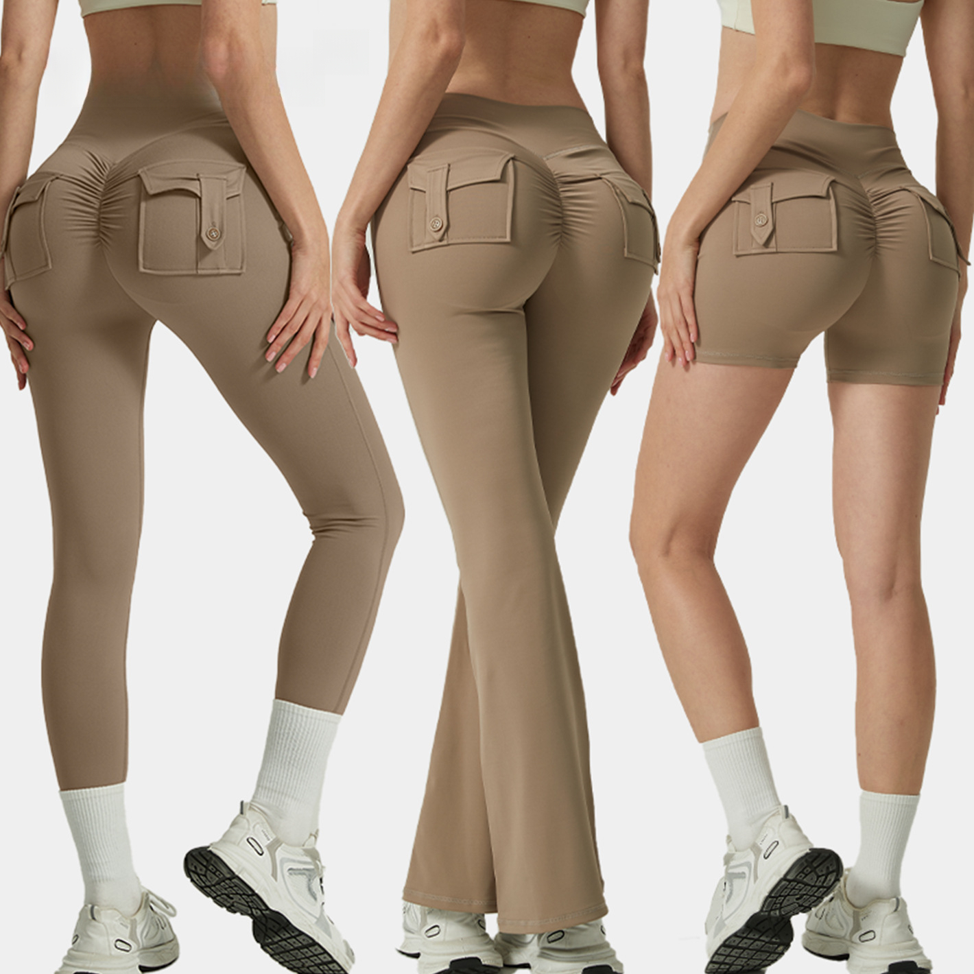 High Waist Pocket Yoga Shorts Women Sports No Embarrassment Line Butt Lifting Peach Hip Flared Fitness Pants_voghion.com