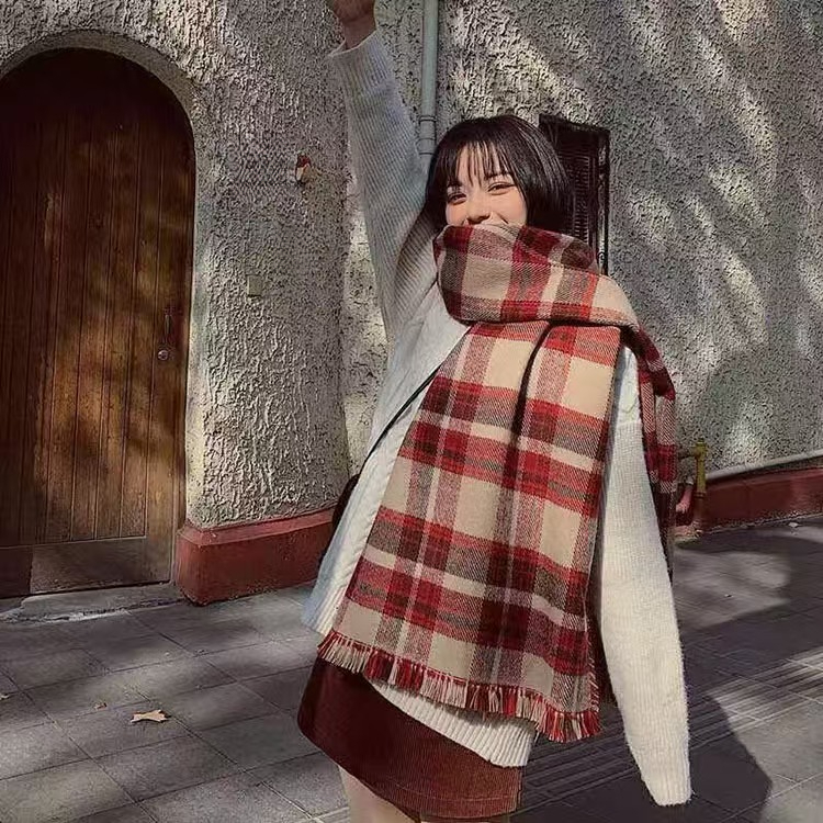 Sciarpa scaldacollo rossa di alta qualità in maglia invernale da donna, stile scozzese, versione coreana, versatile e natalizia_voghion.com