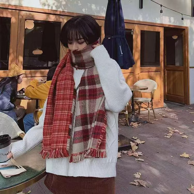 Sciarpa scaldacollo rossa di alta qualità in maglia invernale da donna, stile scozzese, versione coreana, versatile e natalizia_voghion.com