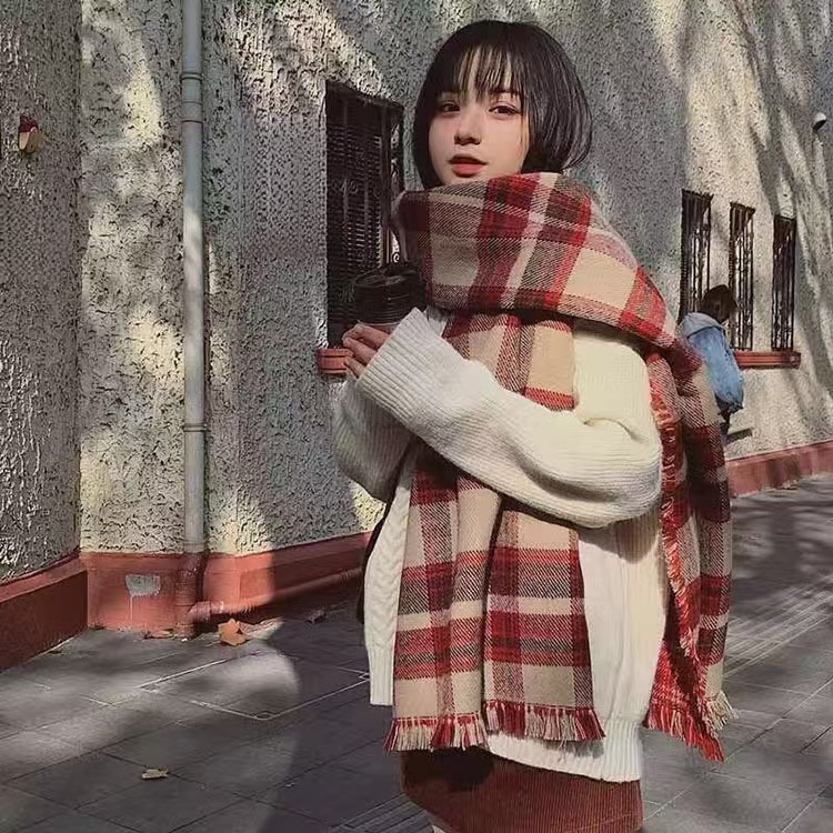 Sciarpa scaldacollo rossa di alta qualità in maglia invernale da donna, stile scozzese, versione coreana, versatile e natalizia_voghion.com