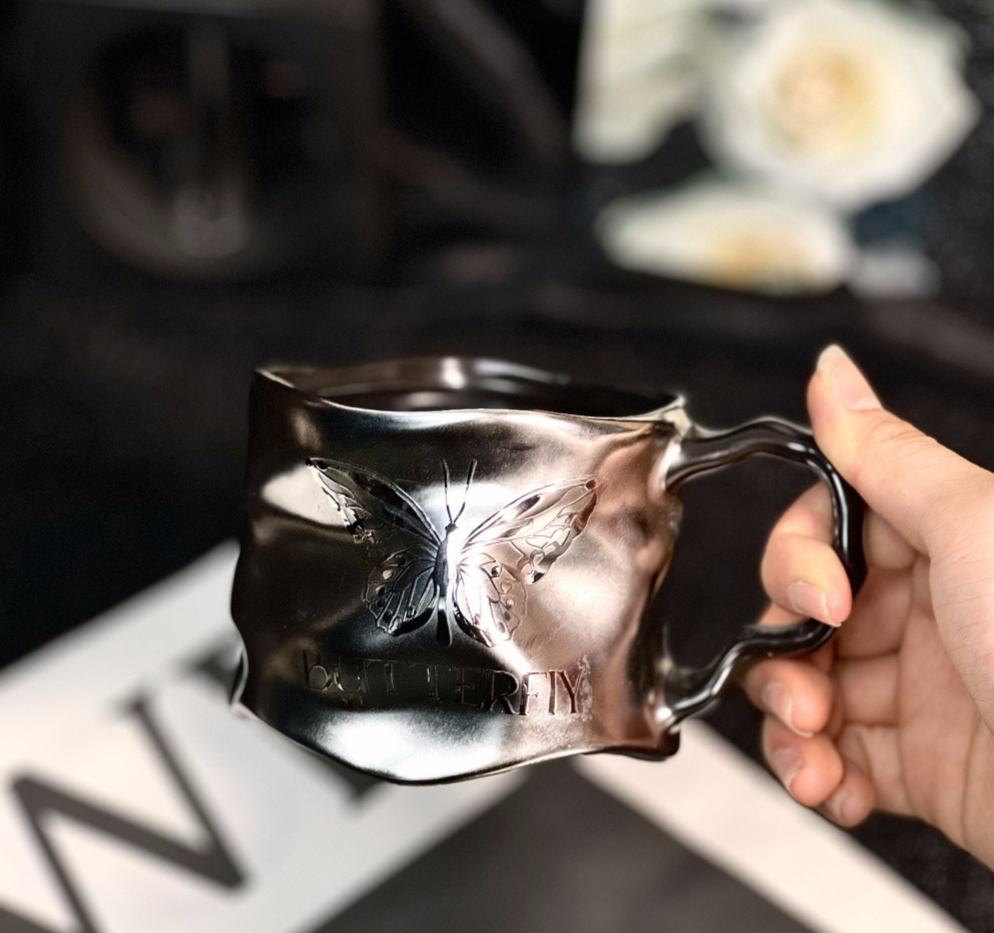 Wrinkle Design Personality High-end Wave Cup Ceramic Mug High Aesthetic Wholesale Titanium Coating Dark Silver Matte_voghion.com