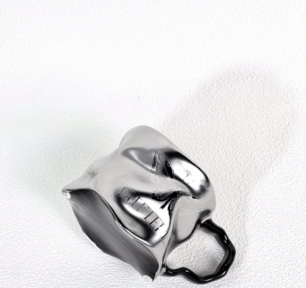 Wrinkle Design Personality High-end Wave Cup Ceramic Mug High Aesthetic Wholesale Titanium Coating Dark Silver Matte_voghion.com