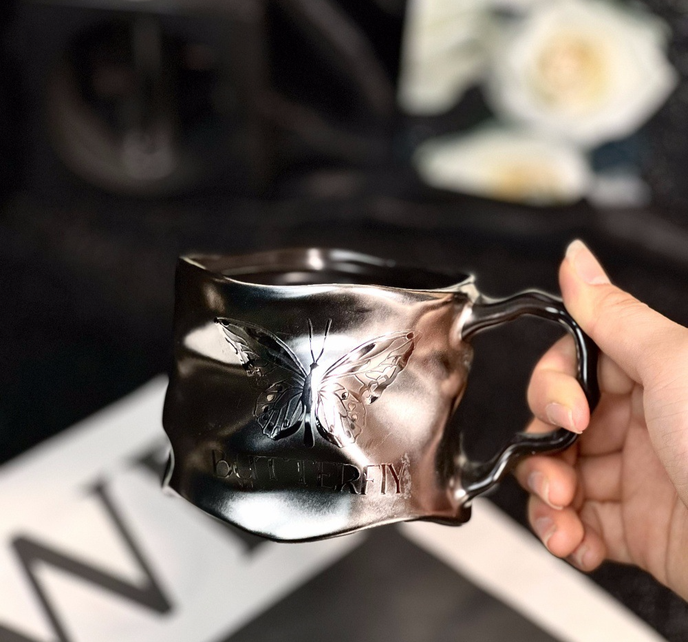 Ceramic Mug Titanium Coating Dark Silver Matte Wave Design_voghion.com