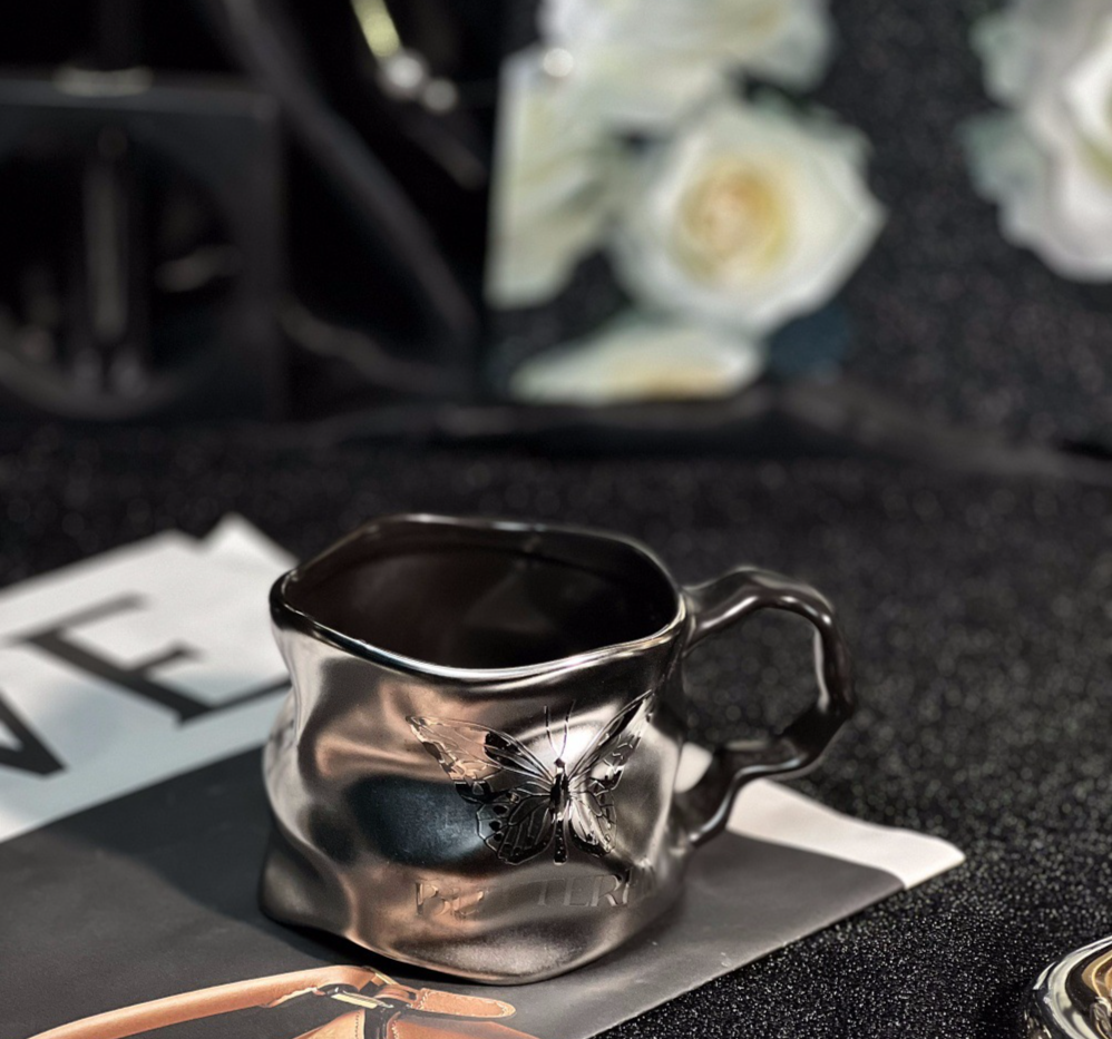Ceramic Mug Titanium Coating Dark Silver Matte Wave Design_voghion.com