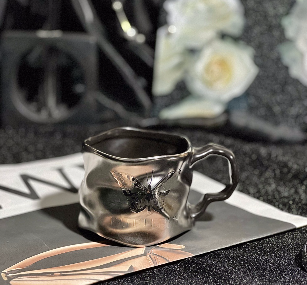 Ceramic Mug Titanium Coating Dark Silver Matte Wave Design_voghion.com