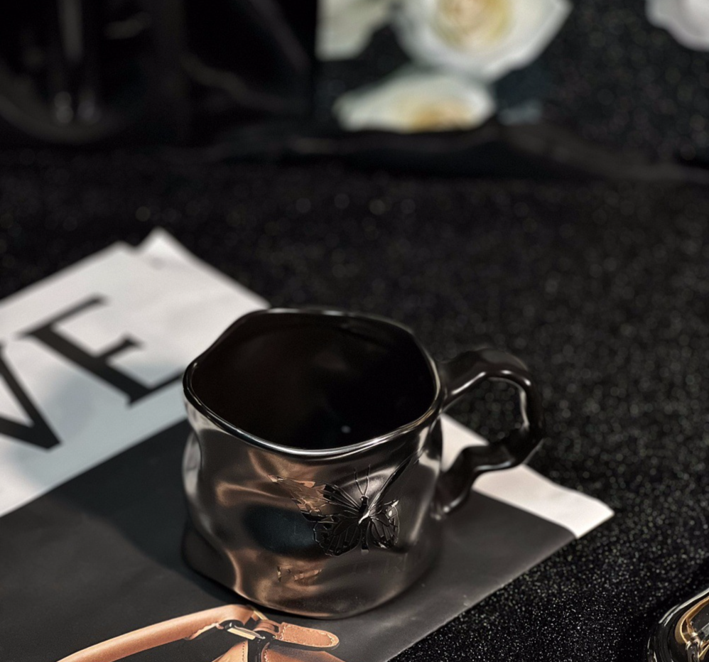Ceramic Mug Titanium Coating Dark Silver Matte Wave Design_voghion.com