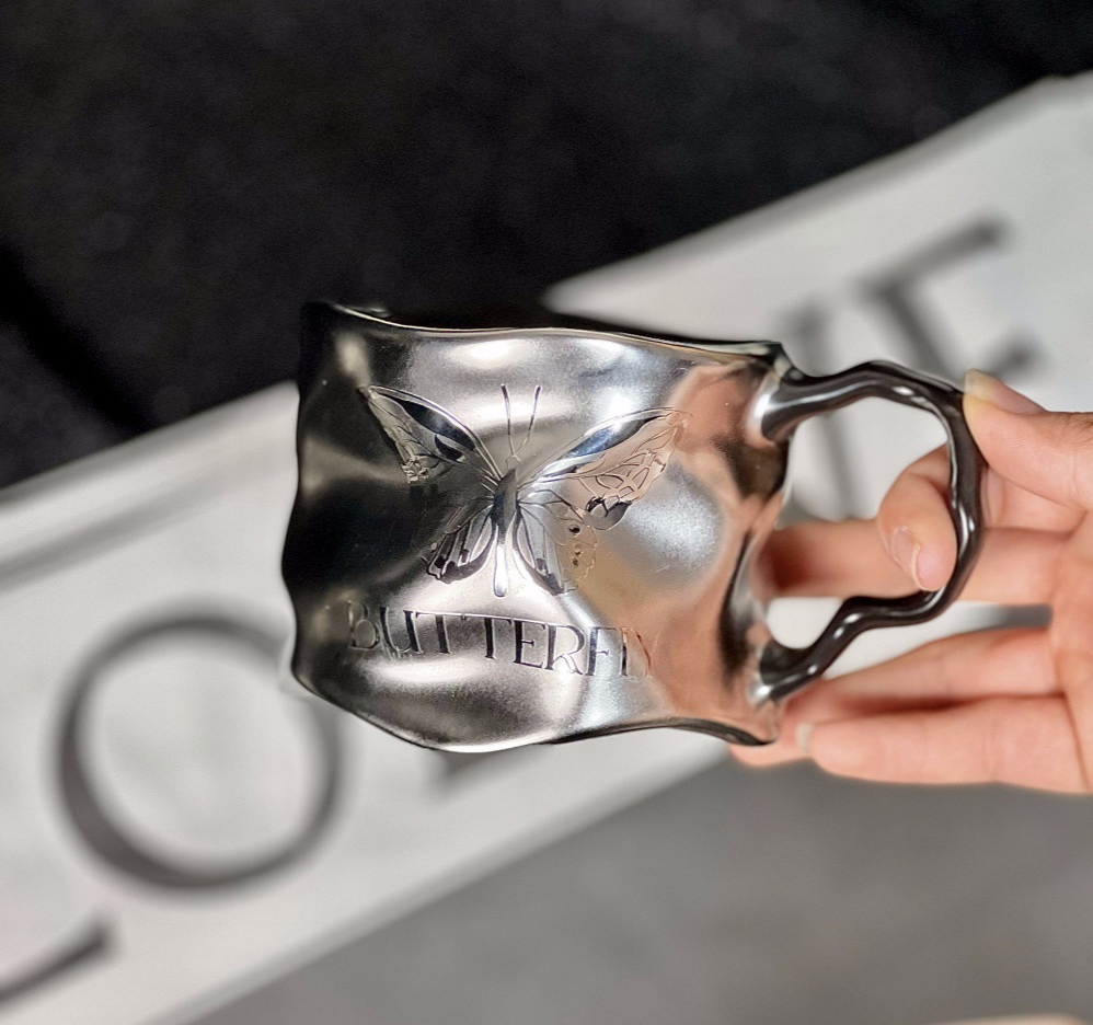 Ceramic Mug Titanium Coating Dark Silver Matte Wave Design_voghion.com