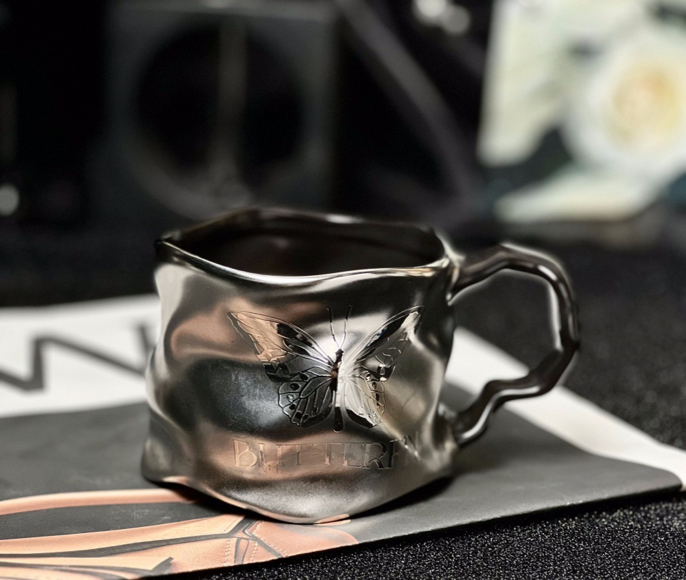 Wrinkle Design Personality High-end Wave Cup Ceramic Mug High Aesthetic Wholesale Titanium Coating Dark Silver Matte_voghion.com