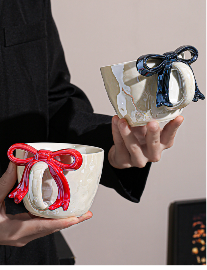 Ceramic Coffee Cup And Saucer Set With Bowknot Elegant Design_voghion.com