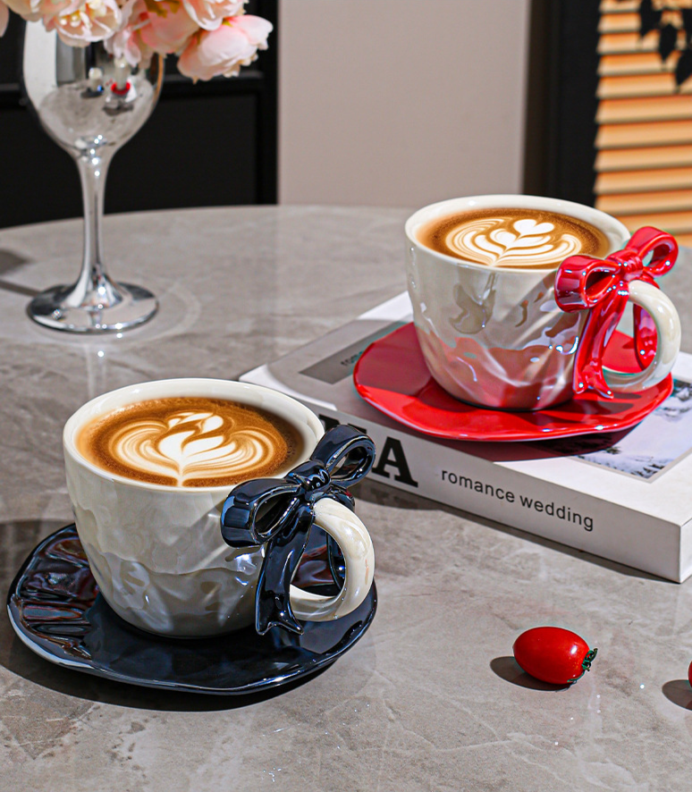 Ceramic Coffee Cup And Saucer Set With Bowknot Elegant Design_voghion.com