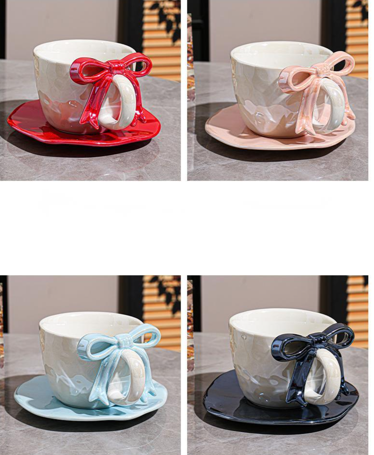Ceramic Coffee Cup And Saucer Set With Bowknot Elegant Design_voghion.com